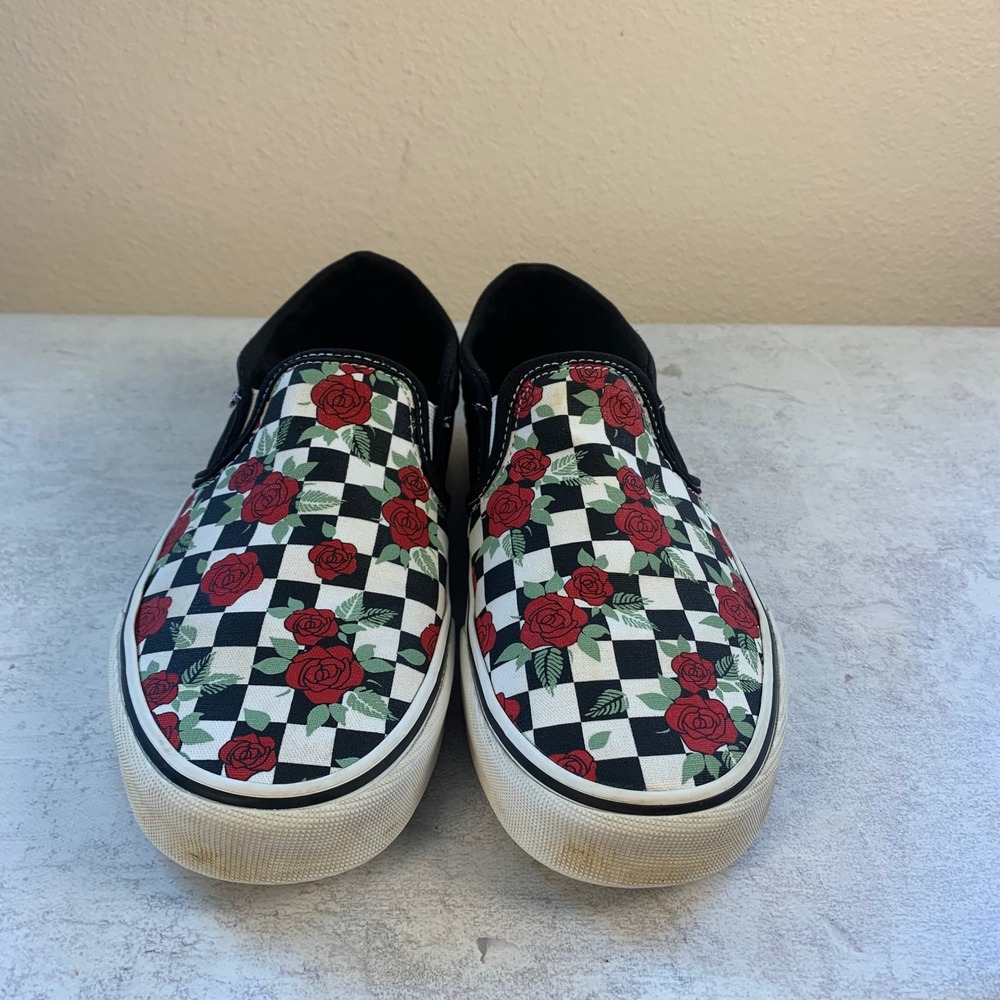 Vans Asher Womens 8 Rose Checkerboard Floral Slip On Sneakers Black White Red